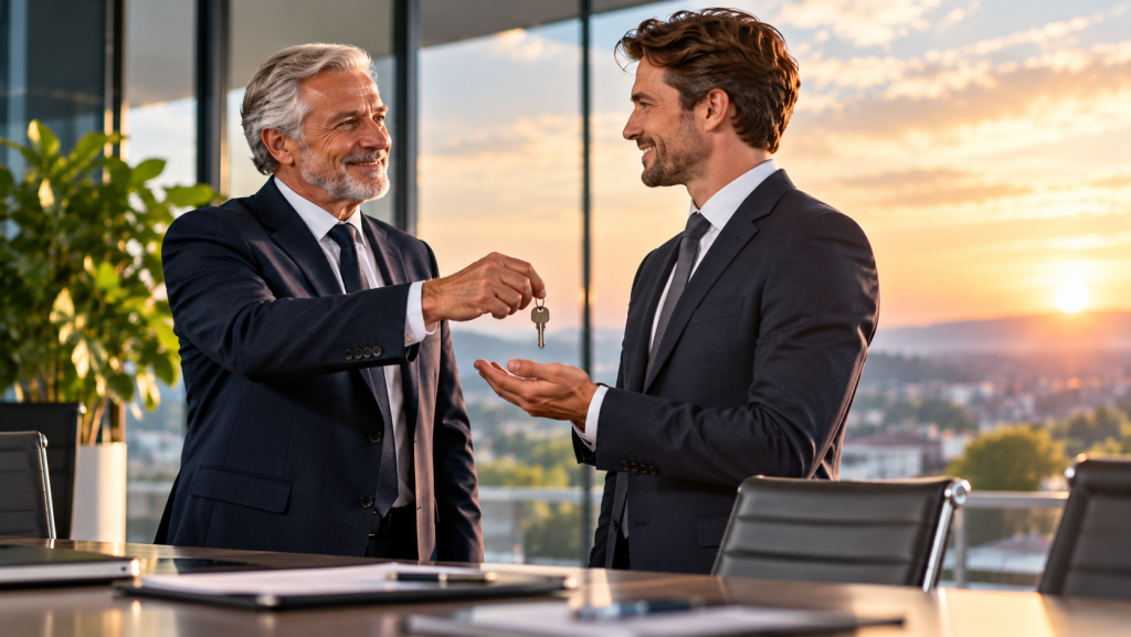 Unternehmensnachfolge: Schlüsselübergabe im modernen Büro